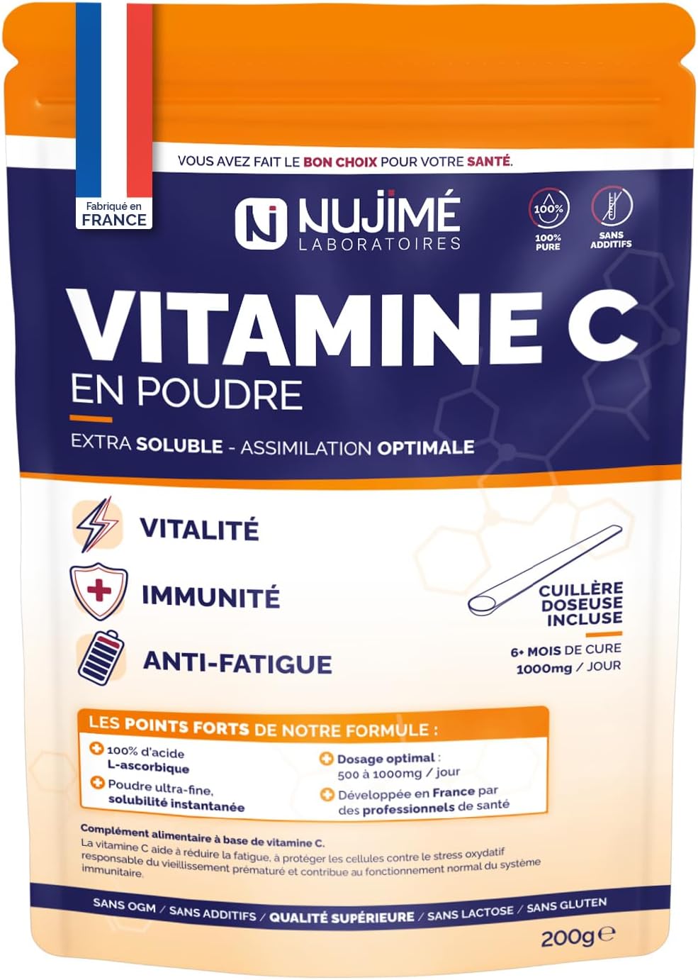 Vitamine C pure en poudre - 1 000mg par dose - Poudre ultra fine, solubilité instantanée - 100% acide L-ascorbique - Immunité, Vitalité, Anti-fatigue - Cuillère doseuse incluse (200G)