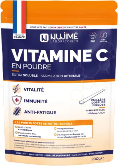 Vitamine C pure en poudre - 1 000mg par dose - Poudre ultra fine, solubilité instantanée - 100% acide L-ascorbique - Immunité, Vitalité, Anti-fatigue - Cuillère doseuse incluse (200G)