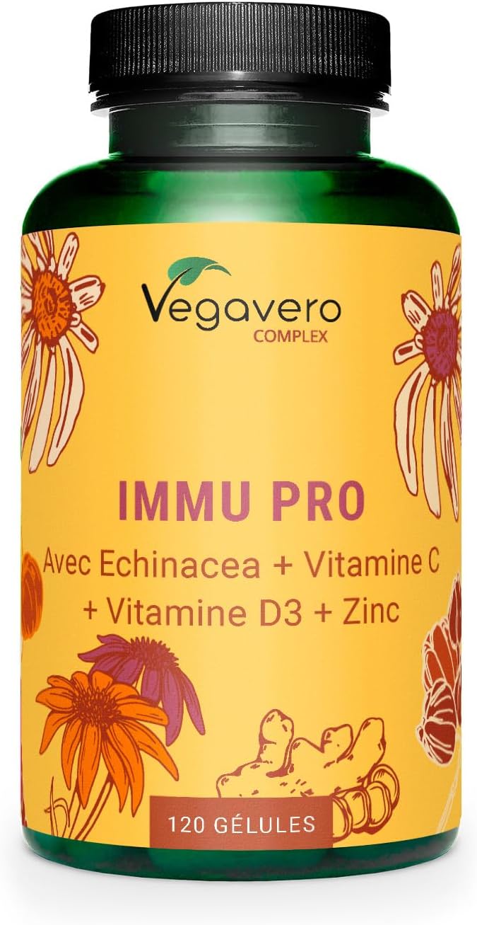 Complexe IMMUNITÉ - Echinacea, Gingembre, Vitamines C et D3, Zinc, Sélénium - 120 Gélules - DÉFENSE IMMUNITAIRE - Vegan & Sans Additifs - Vegavero® 120 unité (Lot de 1)