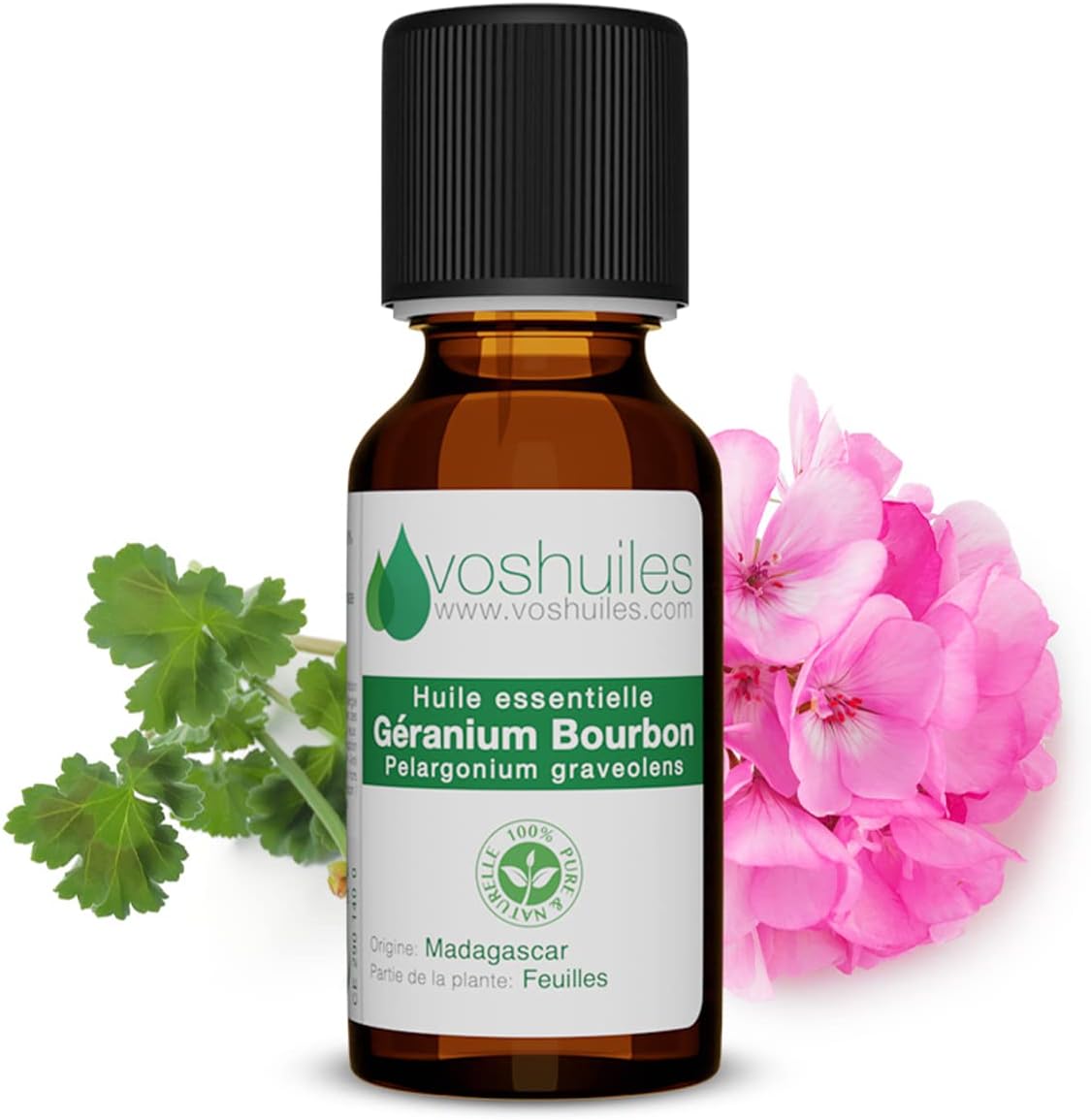 Voshuiles - Huile Essentielle Géranium Bourbon - 10ml - 100% Pure et Naturelle - HEBBD - Utilisation en Diffusion - Parfum Très Odorant - Traçabilité et Qualité - Entreprise Française