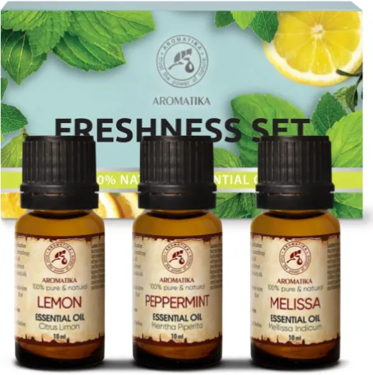 Coffret 3 Huiles Essentielles Fraîcheur - 3x10ml - 30ml - Menthe Poivrée - Citron - Mélisse - Ensemble Cadeau - Kit Huiles Aromathérapie pour le Diffuseurs - Coffret Cadeau