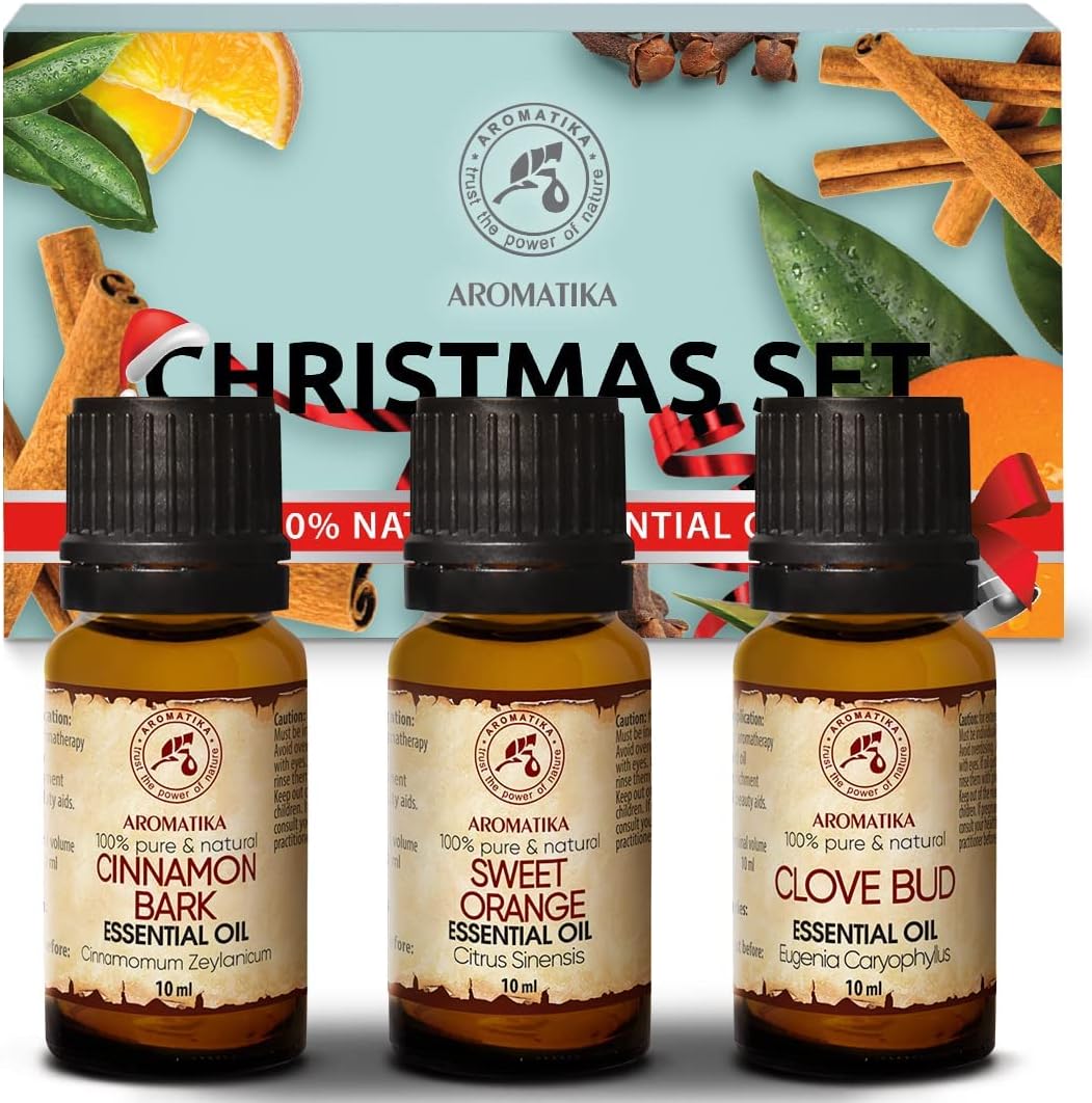 Coffret 3 Huiles Essentielles Noël - 3x10ml - 30ml - Cannelle - Orange - Huile Essentielle du Clou de Girofle - Ensemble Cadeau - Kit Huiles Aromathérapie pour le Diffuseurs - Coffret Cadeau