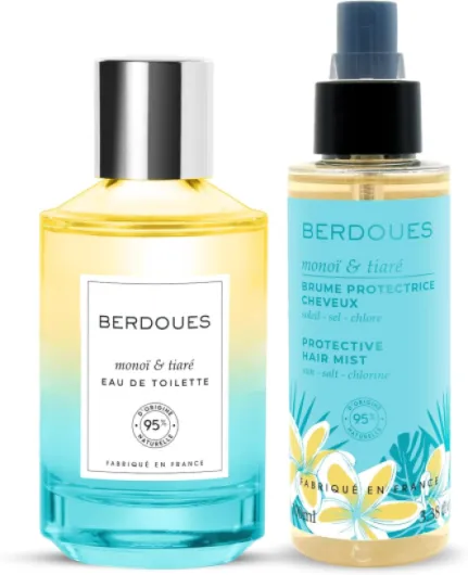 Brume parfumée protectrice cheveux + Eau de toilette Monoï et Tiaré - Huile de coco et monoï - Parfum femme, 95% d'origine naturelle - Made in France, Vegan - 100ml