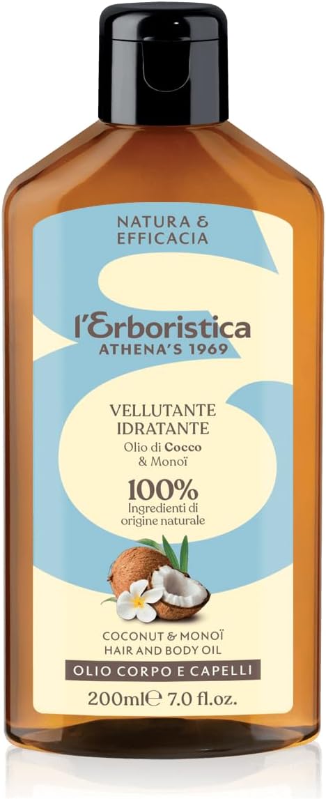 L'ERBORISTICA DI ATHENA'S DAL 1969 - Huile de noix de coco et de monoï pour le corps et les cheveux, hydratante, à base de produits naturels au parfum de noix de coco, huile dermatologique - 200 ml