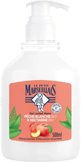 Gel Lavant Mains Pêche Blanche BIO & Nectarine BIO (flacon-pompe de 500 ml) – Savon liquide avec 92 % d'ingrédients d'origine naturelle – pH neutre pour la peau White 500 ml (Lot de 1)