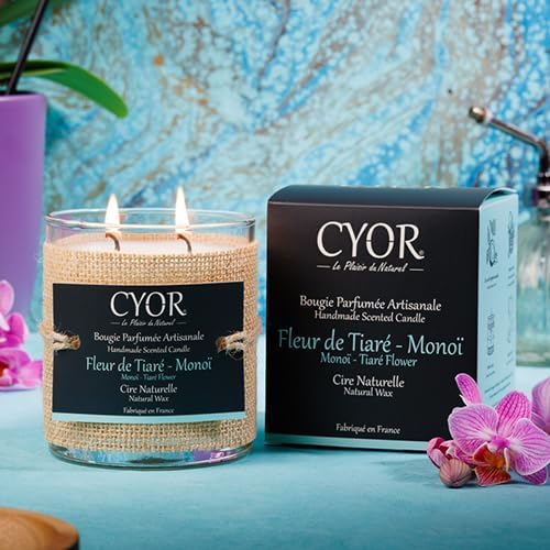 CYOR - Grande Bougie Parfumée FLEUR DE TIARE-MONOÏ 240g - 100% Cire Naturelle - ±70h de combustion - Parfum de Grasse - Fabriquée à la main en France Fleur de Tiaré / Monoï 240 g