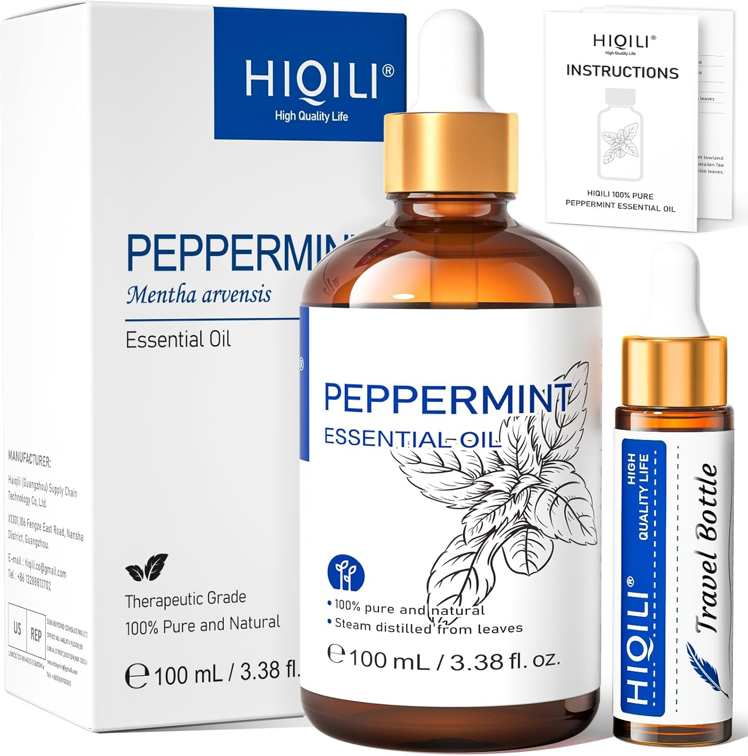 Huile Essentielle Menthe Poivrée 100ml, Peut Être Ajoutée aux Sprays, Diffuseurs, Convient pour l'Intérieur, le Camping, la Randonnée, Livré Avec un Flacon de Voyage de 10ml Menthe poivrée 100 ml (Lot de 1)