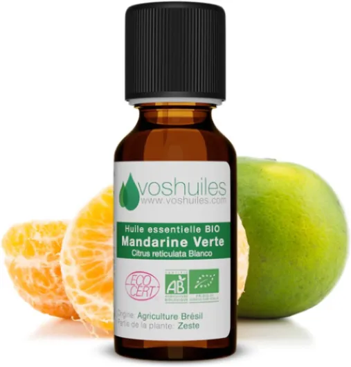 VOSHUILES - Huile Essentielle Mandarine Verte 10ml - 100% Pure et Naturelle - BIO - HEBBD et ECOCERT - Nombreuses Vertus et Applications - Aromathérapie- Diffusion