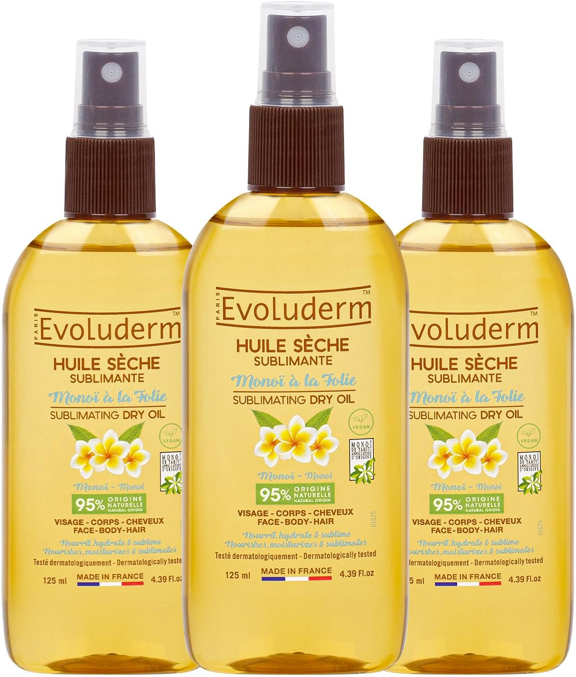 Huile Sèche Sublimante au Monoï - 125 ml - 95% d'Origine Naturelle - Végan - Fabrication Française - Soin Visage, Corps et Cheveux - Hydrate - Sublime - Non Gras - Lot de 3 x 125 ml