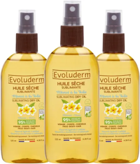 Huile Sèche Sublimante au Monoï - 125 ml - 95% d'Origine Naturelle - Végan - Fabrication Française - Soin Visage, Corps et Cheveux - Hydrate - Sublime - Non Gras - Lot de 3 x 125 ml