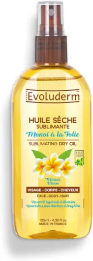Huile Sèche Sublimante au Monoï - 125 ml - 95% d'Origine Naturelle - Végan - Fabrication Française - Soin Visage, Corps et Cheveux - Hydrate - Sublime - Non Gras