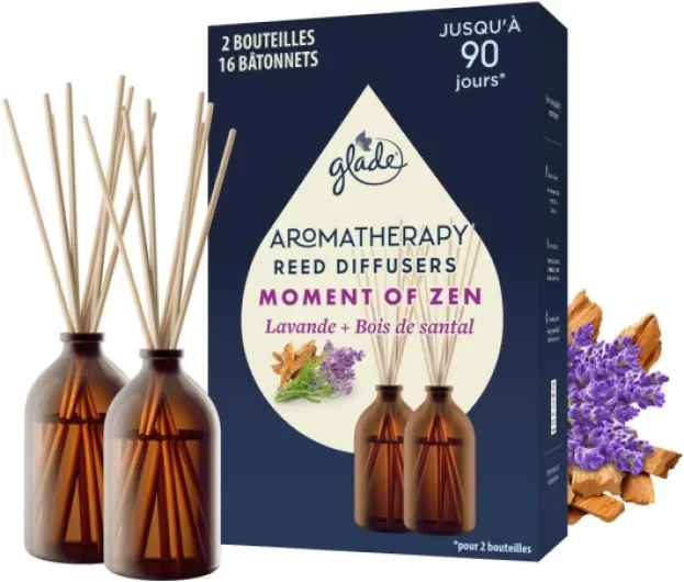 Aromatherapy Diffuseur Bâtonnets - Infusé Aux Huiles Essentielles - Jusqu'à 90 Jours De Parfum - Moment of Zen, Lavande & Bois de Santal - 2 Diffuseurs & 16 Bâtonnets Lavande & Bois de Sental