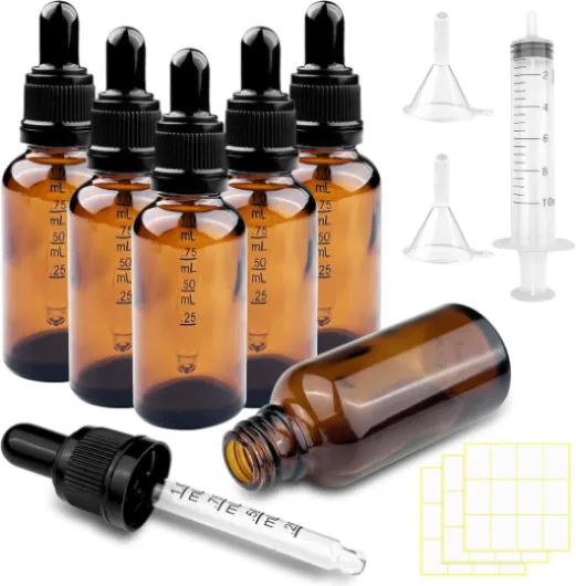 6 flacons pipettes 30ml, flacon verre ambré 4 accessoires, rechargeables, Huile Essentielle, Aromathérapie, Massage, Cosmétique, Voyage