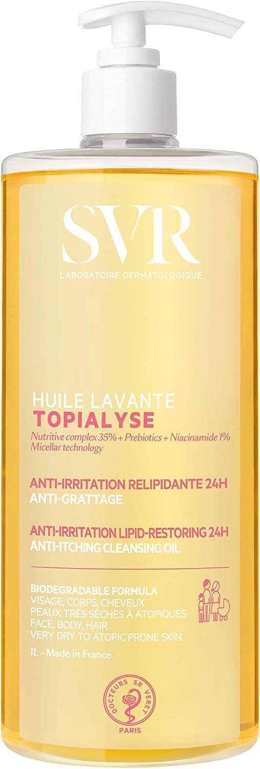 Topialyse Huile Lavante - Huile nettoyante relipidante anti-grattage 24H - Pour peaux sèches à atopiques - Omégas 3-6-9, niacinamide, prébiotiques - 1000 ml 1L
