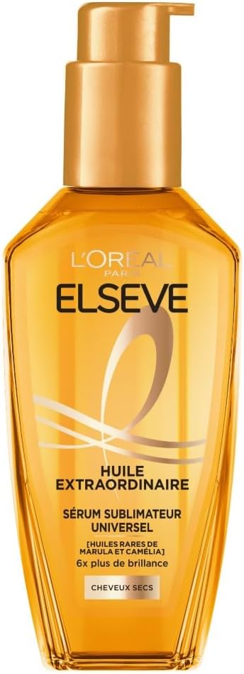 L'Oréal Paris - Elseve Huile Extraordinaire - Soin Sublimateur Universel Nourrissant Multi-Usages - Sans Rinçage - Enrichi en Huiles Rares de Marula & Camélia - Tous Types de Cheveux Secs - 100 ml Huile Cheveux - Jour