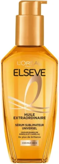 L'Oréal Paris - Elseve Huile Extraordinaire - Soin Sublimateur Universel Nourrissant Multi-Usages - Sans Rinçage - Enrichi en Huiles Rares de Marula & Camélia - Tous Types de Cheveux Secs - 100 ml Huile Cheveux - Jour
