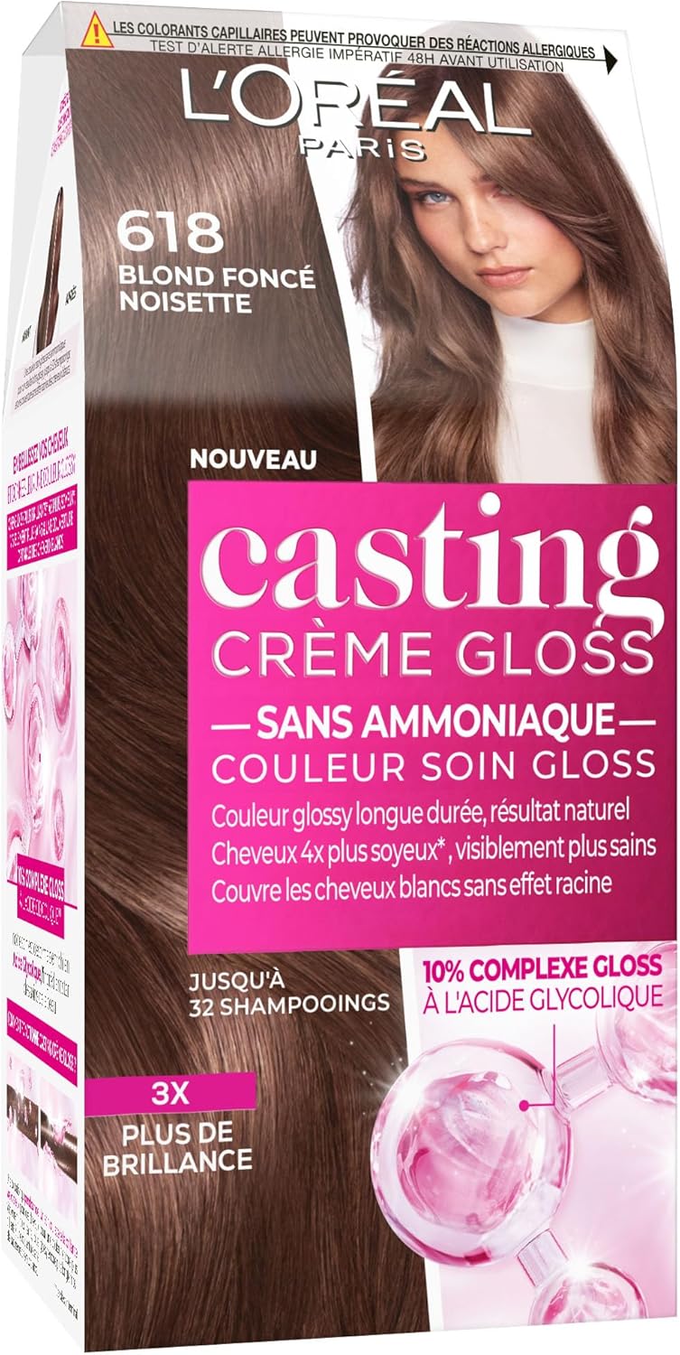 L’ORÉAL PARIS - Coloration Cheveux Semi-Permanente Ton sur Ton - Couleur Soin Gloss - Sans Ammoniaque - Casting Crème Gloss - Nuance : Blond Foncé Noisette (6.18) 618 - Blond Foncé Noisette