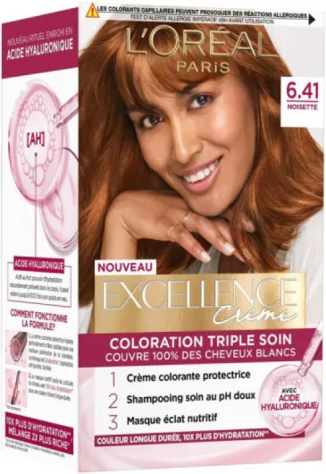 L’ORÉAL PARIS - Coloration Cheveux Permanente Triple Soin - Couvre 100% des Cheveux Blancs - Excellence Crème - Nuance : Noisette (6.41) 6.41 - Noisette 2 unité (Lot de 1)