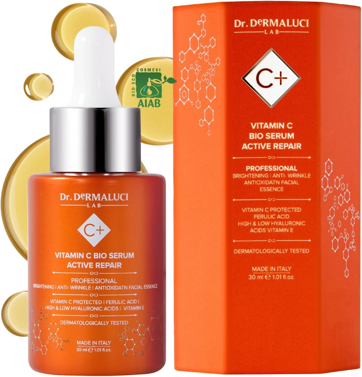 Serum Visage Vitamine C Acide Hyaluronique/Ferulique 30ML BIO - Anti-Taches Anti-Age Naturelle - Curcuma Centella Asiatica - Cosmetique Eclaircissant Hydratant Lissant - Tous Types de Peaux - Italie