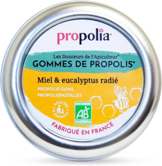 Bio - Gommes de Propolis, Miel & Eucalyptus - Apaise la gorge, dégage le nez et rafraîchit l’haleine - Complément alimentaire - 100% naturel - Sans sucre - Fabriqué en France - 45 g 1 unité (Lot de 1)