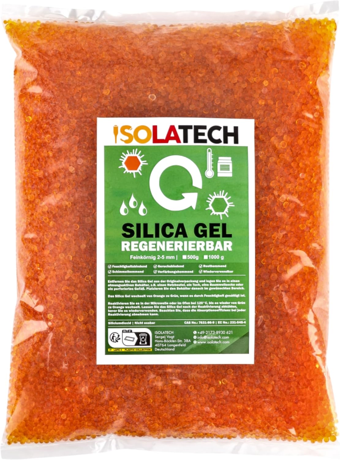 ISOLATECH Silica Gel régénérable, déshydratant, orange, sac de 0,9 kg Gel de silice déshumidificateur Silicagel, Convient également comme sèche-filament 900g Orange