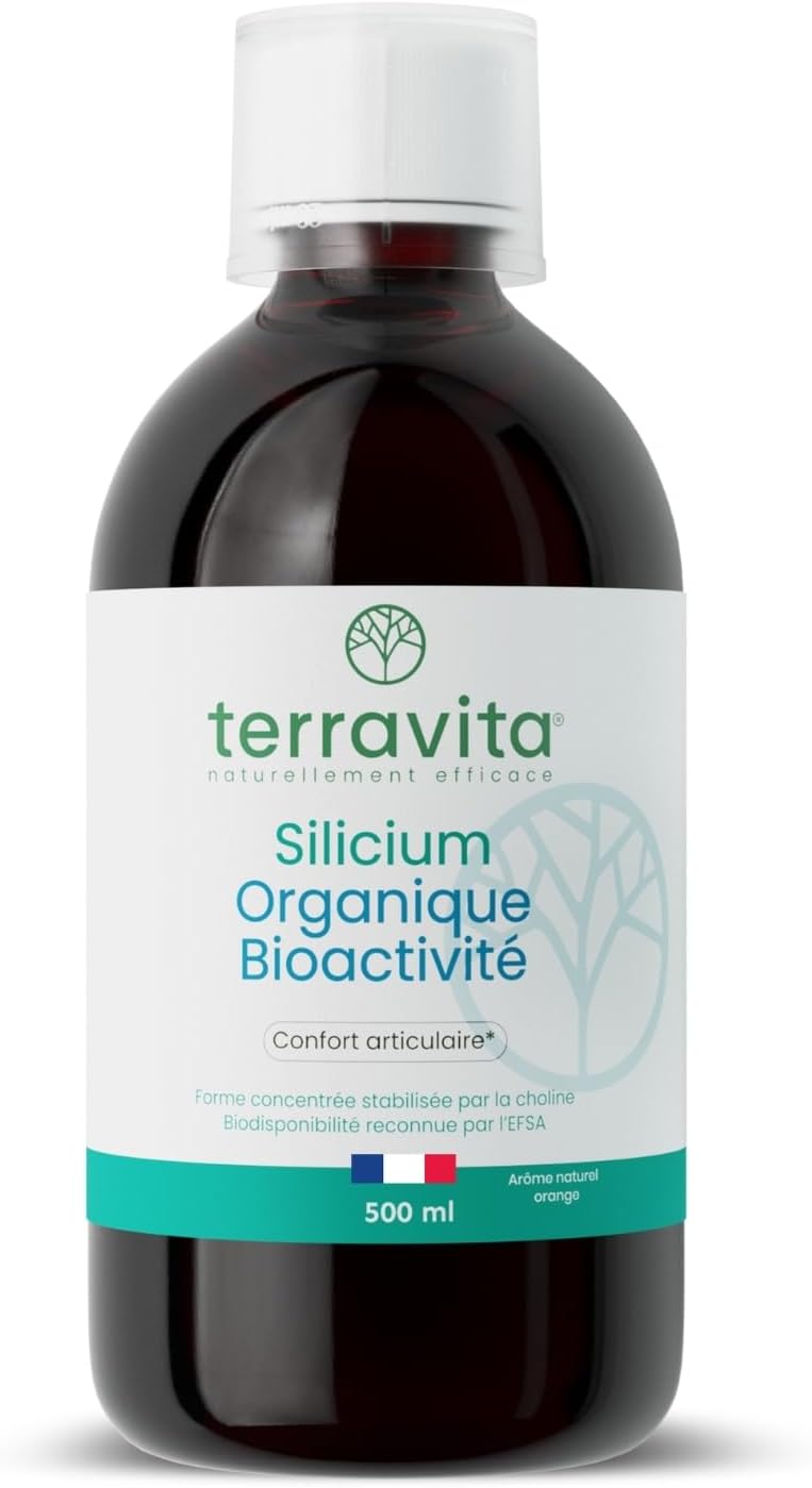 SILICIUM Organique Bio-Activé - Articulations, Peau, Cheveux et Ongles - Acide Orthosilicique Stabilisé par la Choline - 500 ml Liquide - Arôme Naturel Orange - 100% Vegan - Made in France - Terravita