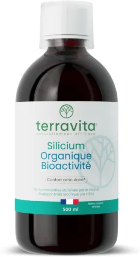 SILICIUM Organique Bio-Activé - Articulations, Peau, Cheveux et Ongles - Acide Orthosilicique Stabilisé par la Choline - 500 ml Liquide - Arôme Naturel Orange - 100% Vegan - Made in France - Terravita