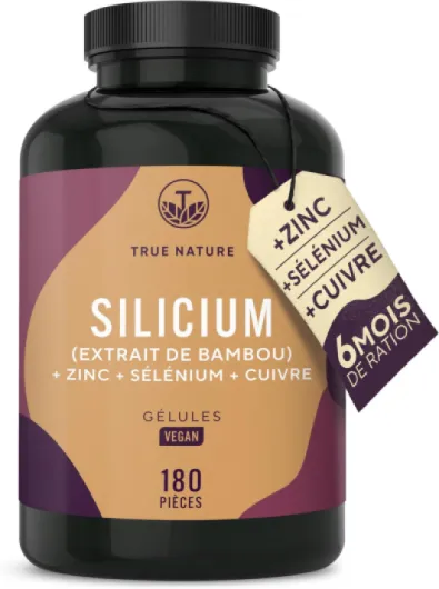 Silicium Organique 643mg – 180 Gélules pour 6 Mois – Extrait de Bambou avec Zinc, Sélénium & Cuivre – Peau, Cheveux & Ongles – Vegan, Sans Additifs, Lactose & Gluten – TRUE NATURE 180 unité (Lot de 1)
