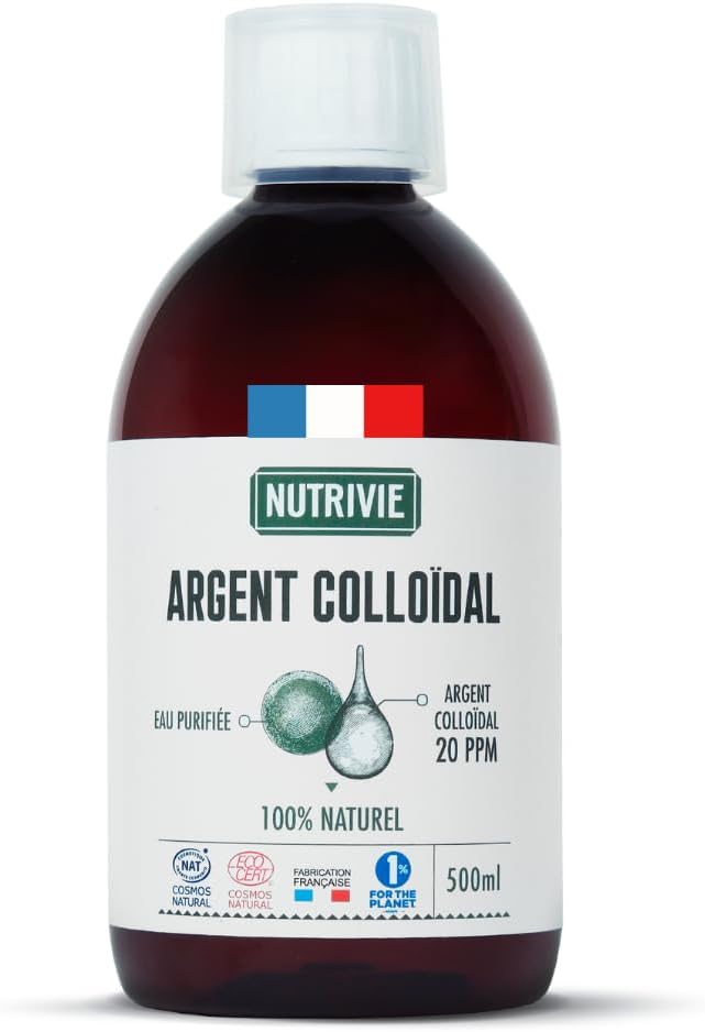 Argent Colloïdal 500 ML - 20 PPM & 100% Naturel - Très Haute Qualité & Ultra Pur - Elaboré par électrolyse - Soin naturel de la peau - Anti-microbien & Anti-bactérien - Fabriqué en France - Nutrivie 500 ml (Lot de 1)