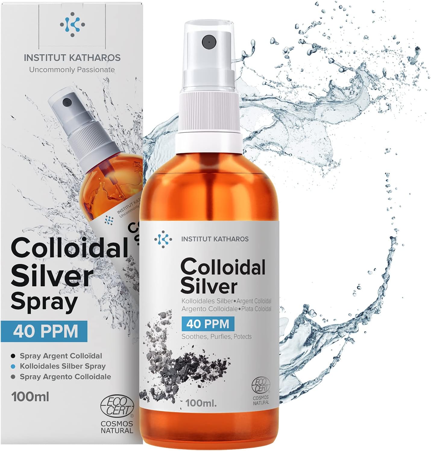 Spray Argent Colloïdal 100mL ● 100% Naturel 40 PPM ● Concentration Supérieure, Particules plus Petites : Meilleurs Résultats ● Fabriqué en France ● Certifié par 3 laboratoires ● Institut Katharos®
