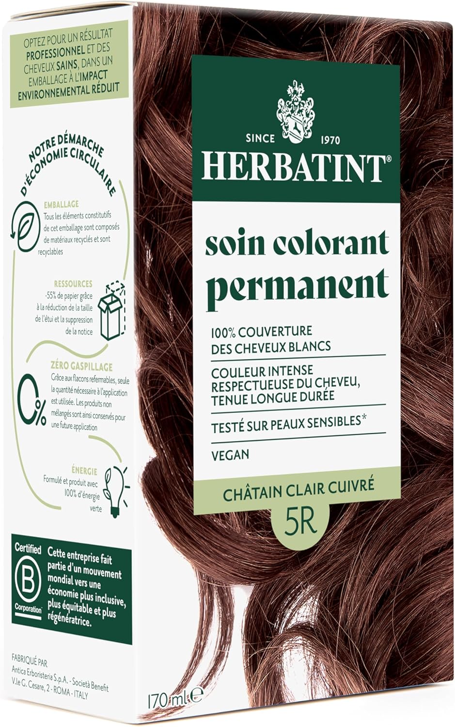 Soin Colorant Permanent Cheveux 5R Châtain Clair Cuivré - 170ml - Sans Ammoniaque, 100% Couverture Cheveux Blancs- Testé Dermatologiquement pour Peaux Sensibles, avec 8 Extraits Végétaux Bio 5R - Châtain Clair Cuivré 170 ml (Lot de 1)