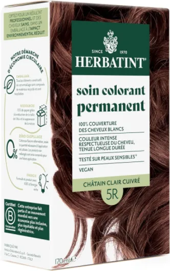 Soin Colorant Permanent Cheveux 5R Châtain Clair Cuivré - 170ml - Sans Ammoniaque, 100% Couverture Cheveux Blancs- Testé Dermatologiquement pour Peaux Sensibles, avec 8 Extraits Végétaux Bio 5R - Châtain Clair Cuivré 170 ml (Lot de 1)