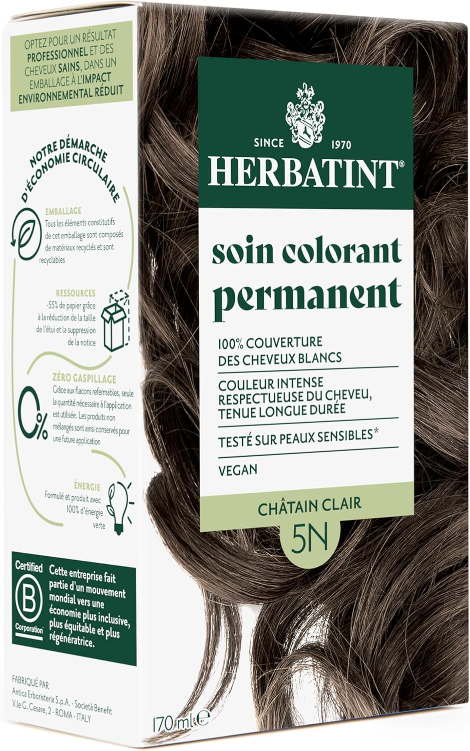 Soin Colorant Permanent Cheveux 5N Châtain Clair - 170 ml - Sans Ammoniaque, 100% Couverture des Cheveux Blancs - Testé Dermatologiquement pour Peaux Sensibles, avec 8 Extraits Végétaux Bio 5N - Châtain Clair 170 ml (Lot de 1)