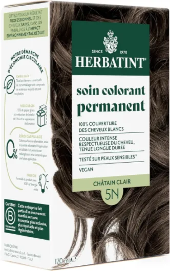 Soin Colorant Permanent Cheveux 5N Châtain Clair - 170 ml - Sans Ammoniaque, 100% Couverture des Cheveux Blancs - Testé Dermatologiquement pour Peaux Sensibles, avec 8 Extraits Végétaux Bio 5N - Châtain Clair 170 ml (Lot de 1)
