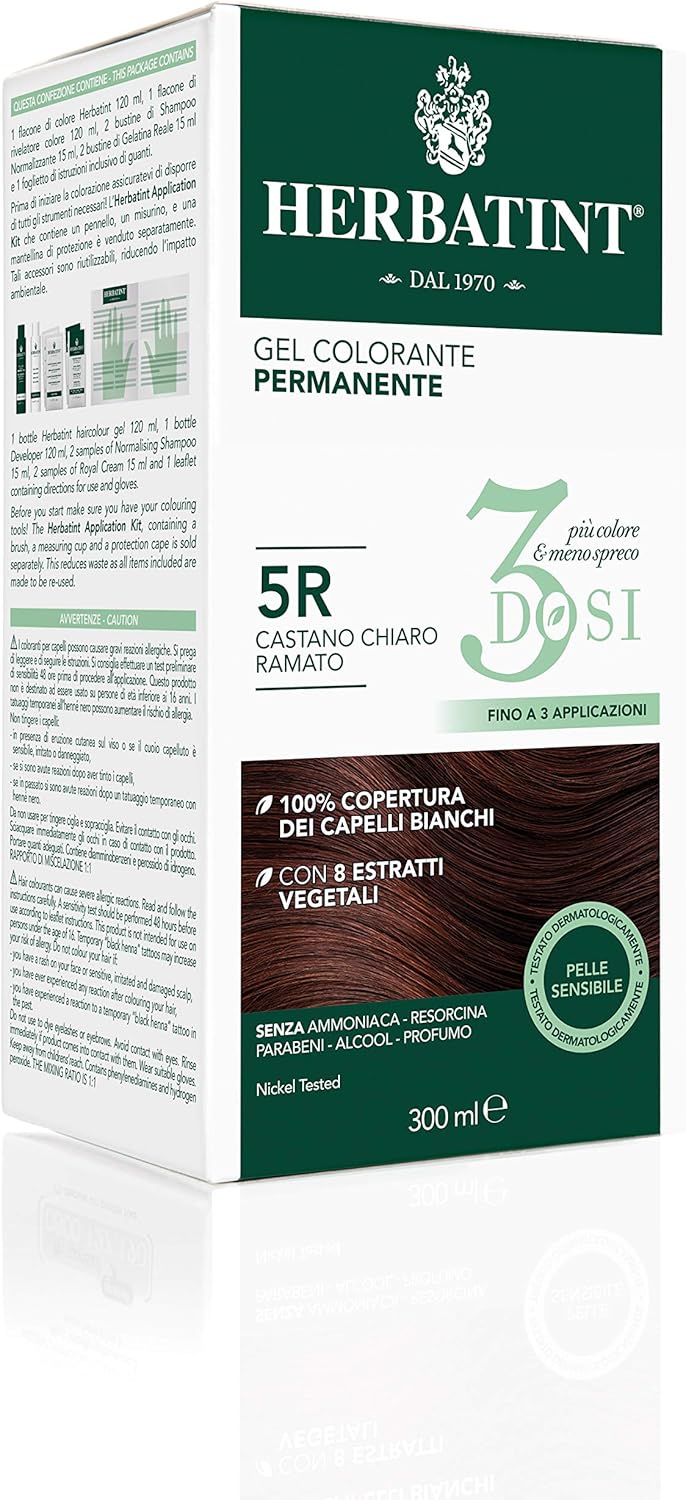 Gel Colorant Permanent 3Dosi, 300 ml - 5R Châtain Clair Cuivré Sans Ammoniaque pour Peaux Sensibles, 100% Couverture Cheveux Blancs avec 8 Extraits Naturels Bio 5R Châtain Clair Cuivré 300 ml (Lot de 1)