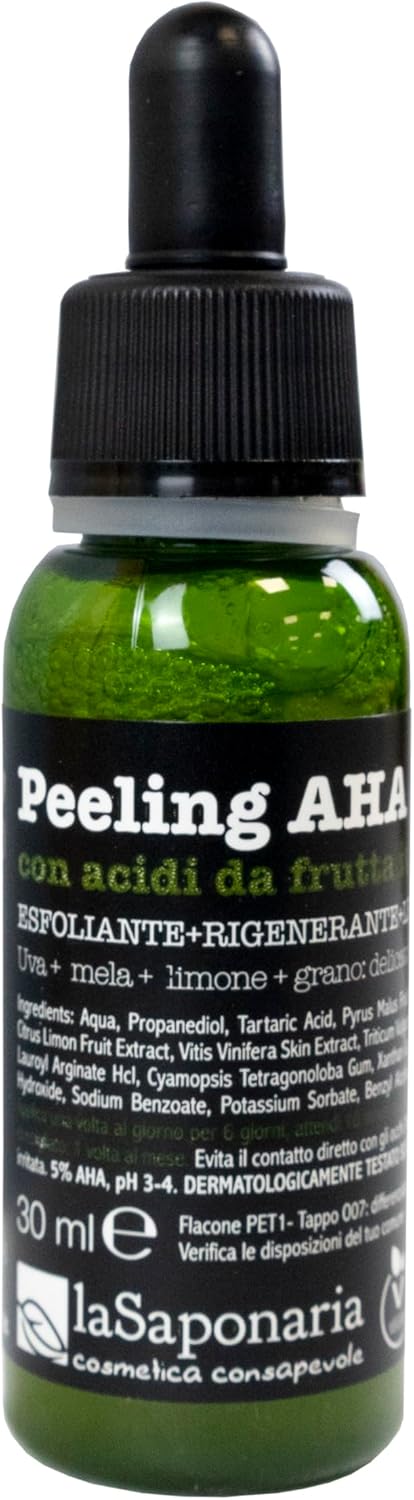 La Saponaria - Peeling AHA aux acides de fruits italiens à action exfoliante, régénérante et lissante, favorise le renouvellement de la peau, 30 ml