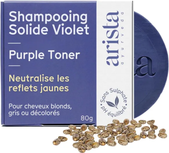 Arista Shampoing Violet Solide - Huile de Ricin & Poudre d'Amla - Sans Sulfate - Dejaunisseur Cheveux Blond - Anti Jaunissement - Pour Cheveux Colorés