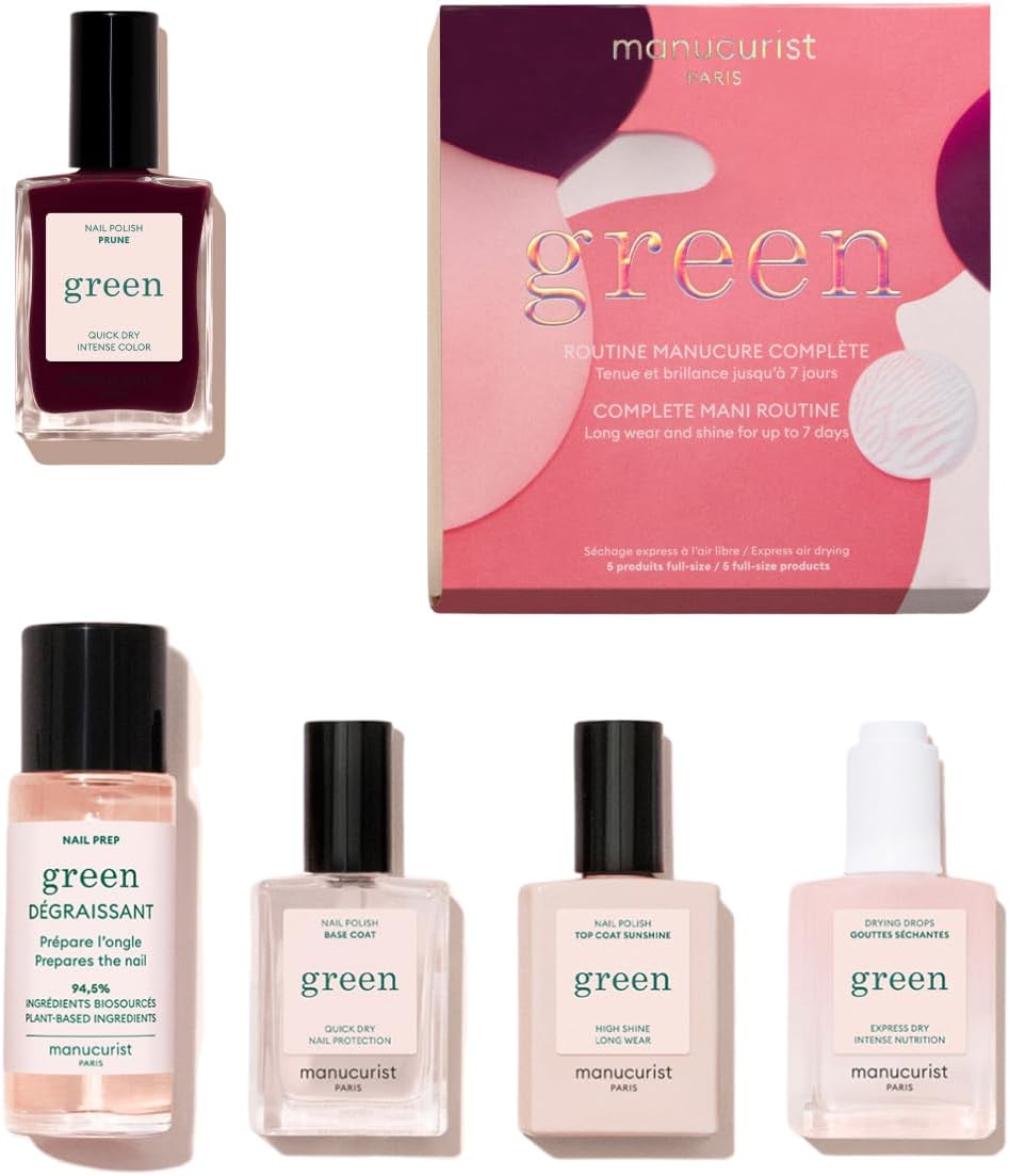 Coffret Cadeau Green™ Prune - Kit Manucure Professionnel : 1 Dégraissant, 1 Base Coat, 1 Vernis à Ongles Bordeaux, 1 Top Coat, Gouttes Séchantes - Coffret Cadeau Femme Saint Valentin