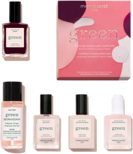 Coffret Cadeau Green™ Prune - Kit Manucure Professionnel : 1 Dégraissant, 1 Base Coat, 1 Vernis à Ongles Bordeaux, 1 Top Coat, Gouttes Séchantes - Coffret Cadeau Femme Saint Valentin