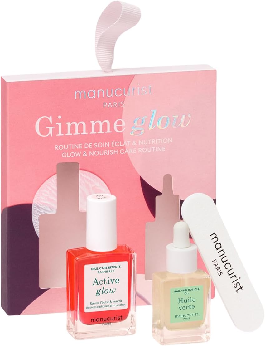 Coffret Cadeau Femme Active Glow Raspberry & Huile Verte - Inclus : 1 Vernis à Ongles Soin & Makeup Rose Pêche, 1 Huile Cuticules Ongles, 1 Mini Lime à Ongles Double Face Offerte Gimme Glow