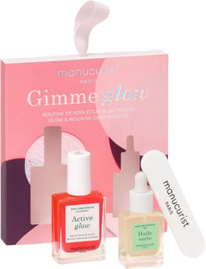 Coffret Cadeau Femme Active Glow Raspberry & Huile Verte - Inclus : 1 Vernis à Ongles Soin & Makeup Rose Pêche, 1 Huile Cuticules Ongles, 1 Mini Lime à Ongles Double Face Offerte Gimme Glow
