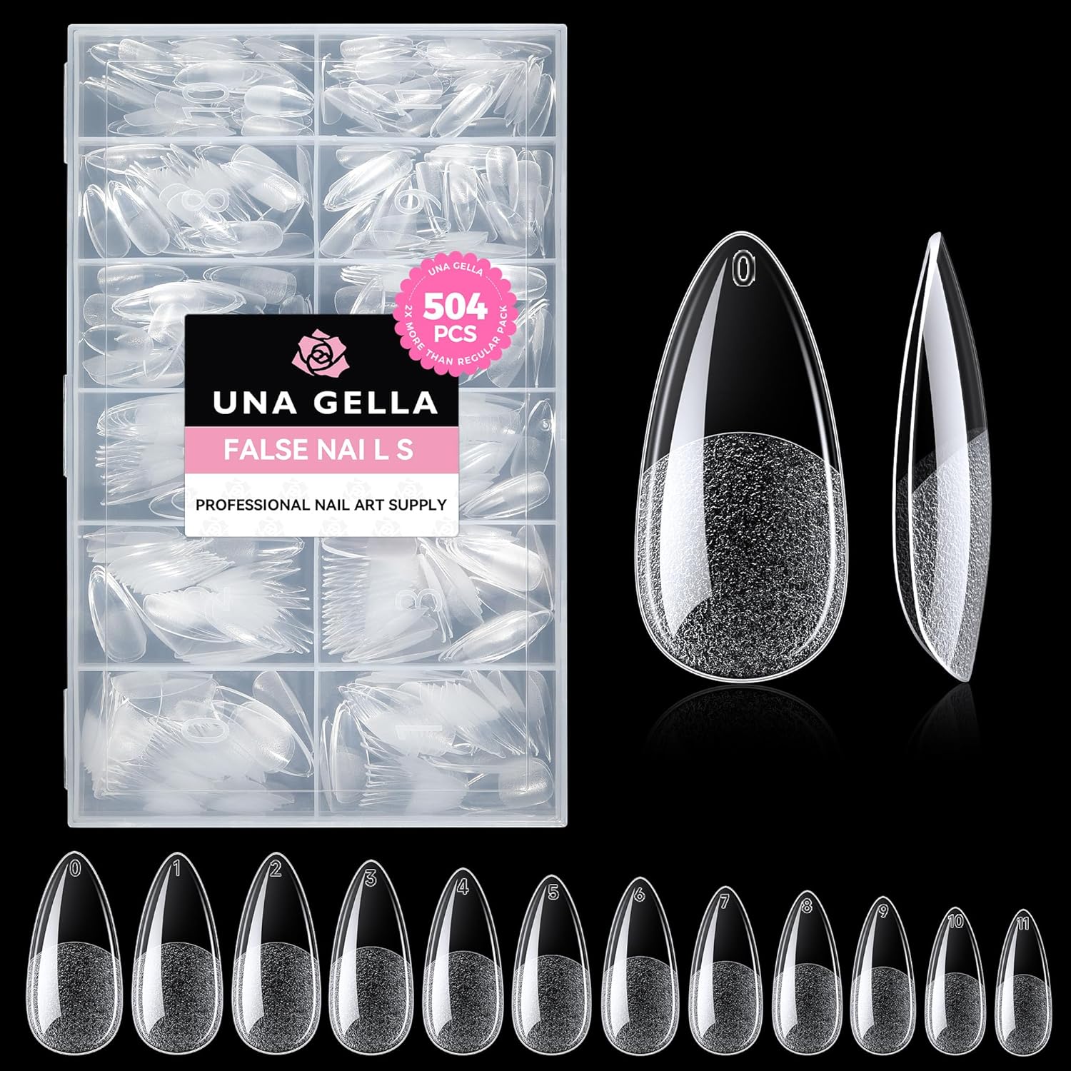 UNA GELLA Capsule Américaaine Ongles Amande Moyenne, 504 Pièces 12 Tailles Faux Ongles Couverture Totale, Gel Souple sans Courbure en C, Idéal pour Extensions d’Ongles et DIY à la Maison