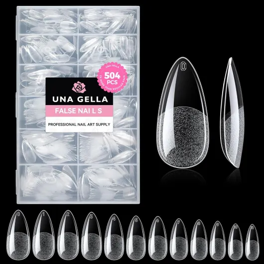 UNA GELLA Capsule Américaaine Ongles Amande Moyenne, 504 Pièces 12 Tailles Faux Ongles Couverture Totale, Gel Souple sans Courbure en C, Idéal pour Extensions d’Ongles et DIY à la Maison