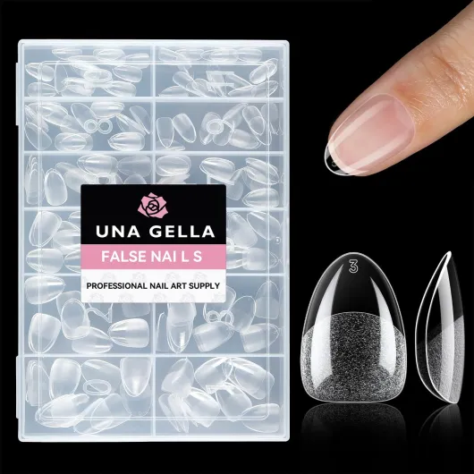 UNA GELLA Capsule Americaine Ongle Amande Extra Court, 216 Pièces 12 Tailles Faux Ongles Transparent Gel Doux Préformé Full Cover Soft Gel Nail Tips pour Art Ongulaire DIY Nail Art Amande ultra courte