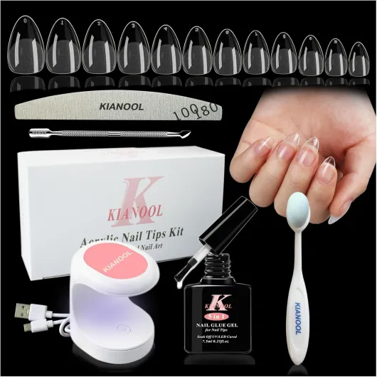 Kit Pose Americaine Ongles, 552 Pcs Capsule Americaine Ongle Amande, Colle Faux Ongles 5 en 1, Lampe UV Gel Pose Americaine, Limes à Ongles, Acrylique Artificiel Capsules Ongles Kit Manucure Almond-UV-KIT