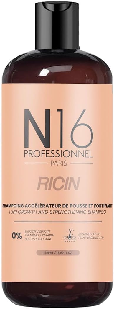 Shampooing Bio Ricin N16 Professionnel - Accélérateur Pousse - Anti Chute - Certifié Cosmos Organic ECOCERT - Sans Sulfate Parabène - 500ml