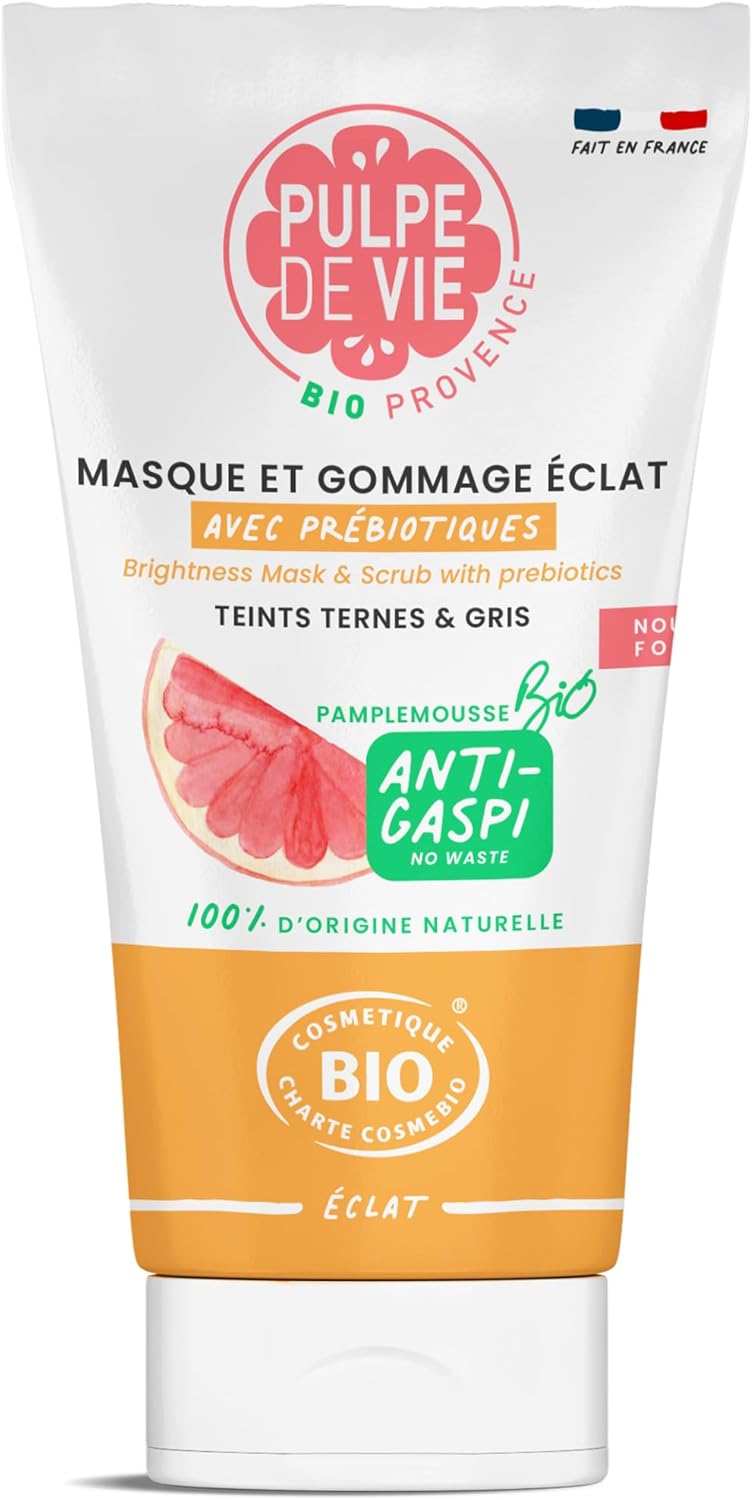 Duo Gommage et Masque Visage éclat Certifié Bio 150ml - Prébiotiques, Pamplemousse et noyaux abricot.