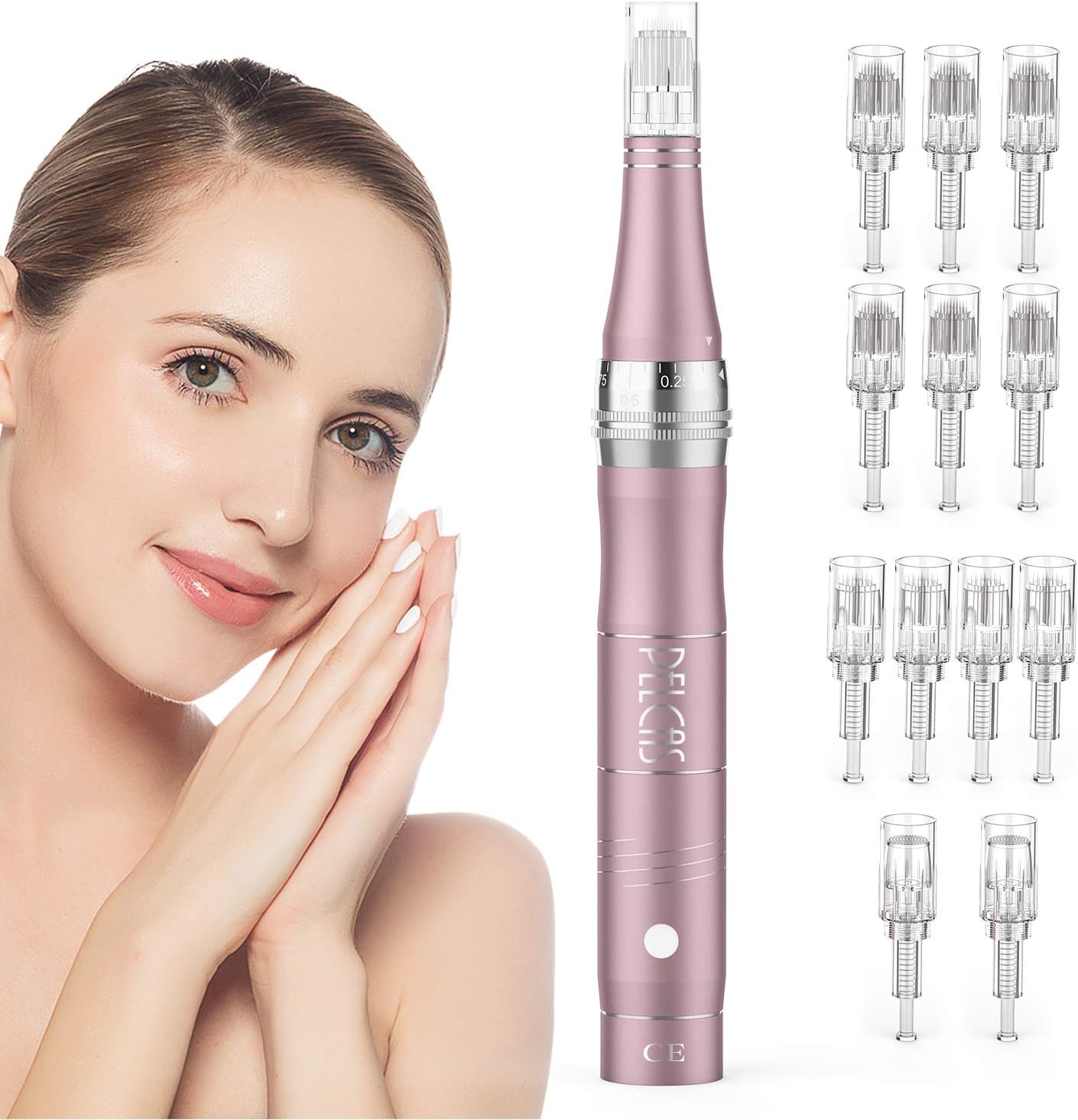 Microneedling pour Visage, Stylo Beauté Microneedling avec 12 Cartouches & 3 Vitesses - Soin Visage/Cou/Contour des Yeux, Peau Éclatante Rose Clair