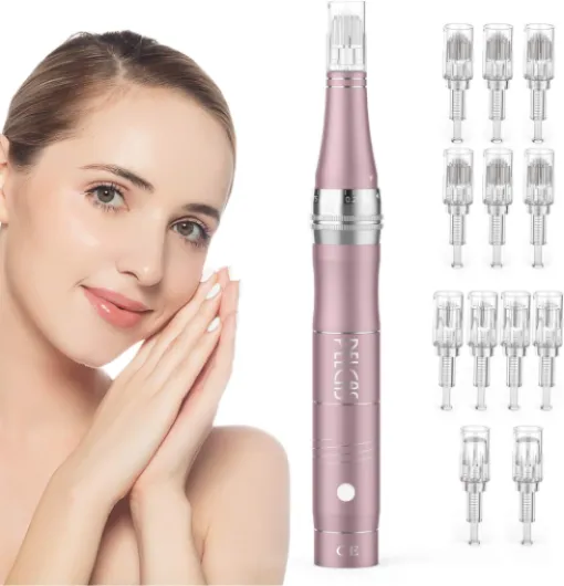 Microneedling pour Visage, Stylo Beauté Microneedling avec 12 Cartouches & 3 Vitesses - Soin Visage/Cou/Contour des Yeux, Peau Éclatante Rose Clair
