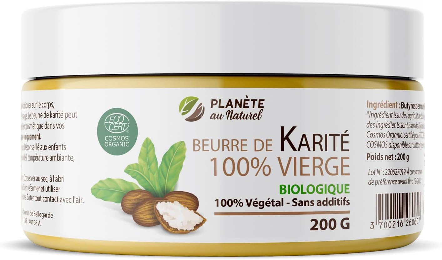 Beurre de Karité 200 g - Biologique - 100% vierge - 100% végétal - sans additifs - Non raffiné- cheveux - corps - visage - pur - Végan 200 g (Lot de 1)